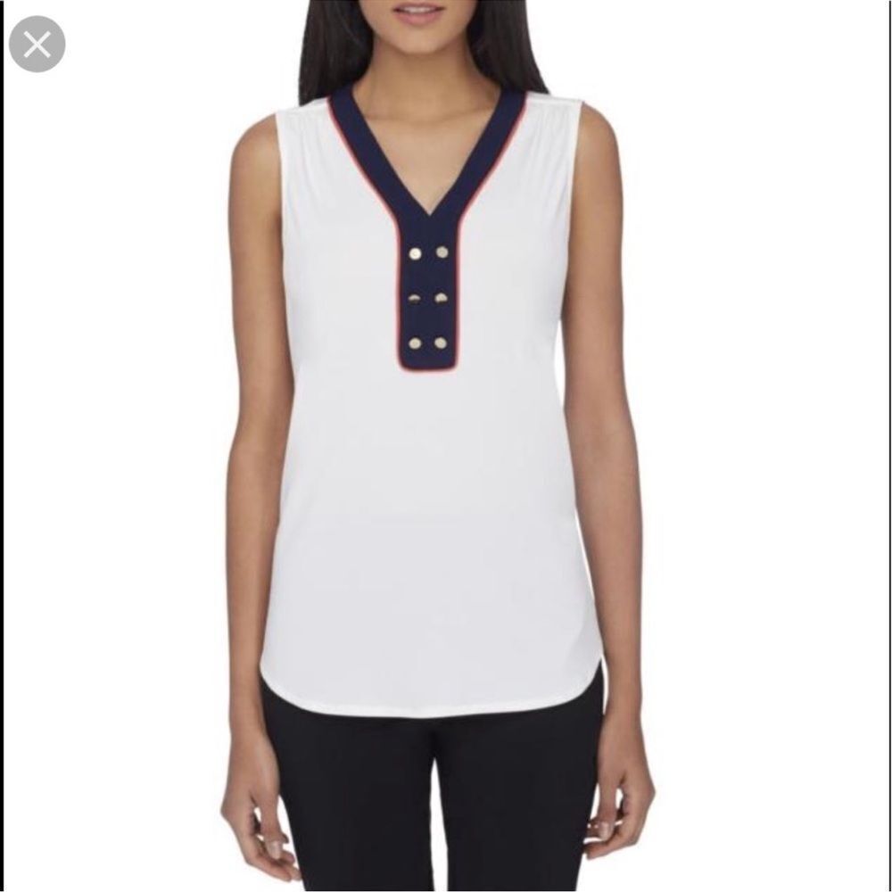 Tahari Women's WhiteβSleeveless Top with Navy Trim
